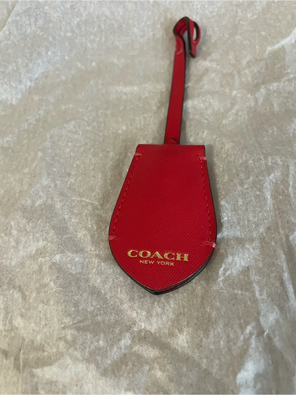 Coach New York EUC Red Leather Bag Charm Tag Keychain with Gold Logo